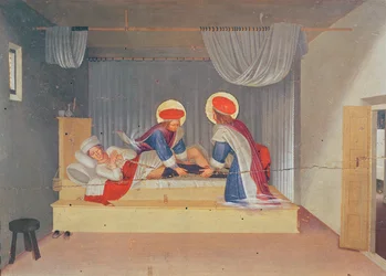 Altarbild, Die Jungfrau und das Kind umgeben von Engeln und acht Heiligen. Die Predella: Heiliger Cosmas und Heiliger Damian transplantieren das Bein eines Negers auf einen Justiniandeakon (Tempera auf Holz)