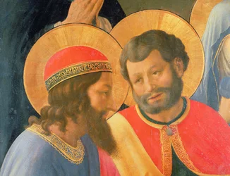 Kreuzabnahme, Detail von zwei Heiligen