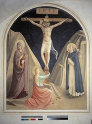 Die Kreuzigung mit dem heiligen Dominikus, der Jungfrau Maria und der heiligen Maria Magdalena. Inschrift "INRI" auf dem Kreuz. Fresko von Guido di Pietro