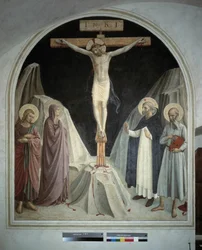 Die Kreuzigung Christi mit der Jungfrau Maria, dem heiligen Johannes dem Evangelisten, dem heiligen Hieronymus, dem heiligen Dominikus. Inschrift "INRI" auf dem Kreuz. Fresko von Guido di Pietro