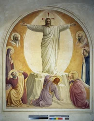 Die Verklärung Christi. Die Gesichter von Mose und Elia sind im Hintergrund dargestellt. Unten sieht man die Jungfrau und den heiligen Dominikus. Am Boden, 3 der Apostel. Fresko von Guido di Pietro