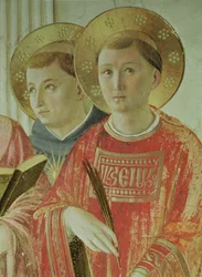 Madonna des Schattens, Detail mit dem heiligen Thomas von Aquin und dem heiligen Laurentius, aus dem Korridor im ersten Stock