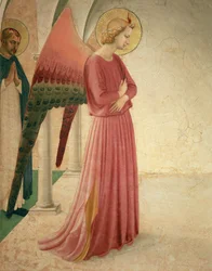 Die Verkündigung, Detail mit dem Erzengel Gabriel und dem heiligen Petrus Martyr, 1442