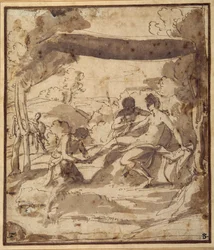 Venus, unter einem rustikalen Baldachin liegend, mit Adonis, der ihre Sandale befestigt