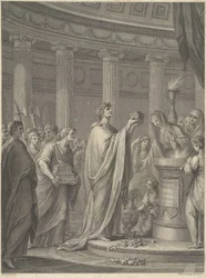 Der römische Feldherr Julius Cäsar weiht den Tempel der Venus Genetrix auf dem Caesarforum in Rom, 46 v. Chr.