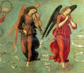 Engel, die Geige und Flöte spielen, ca. 1475-97 Tempera auf Holz (Detail)