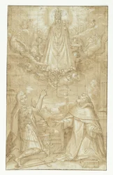 Eine gekrönte Madonna mit dem Kind, umhüllt von einem Mantel und schweren Ketten, erscheint in den Wolken, umgeben von Engeln und Cherubim, vor zwei knienden Heiligen; einer ein Soldat, der Märtyrer ist, der andere ein Geistlicher (Hyacintus?). Ein Engel r