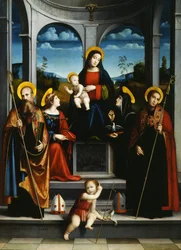 Jungfrau und Kind mit den Heiligen Benedikt, Justina, Placidus und Scholastica, um 1515