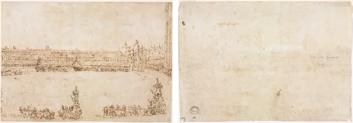 Einzug von Triumphwagen auf der Piazza San Marco, Venedig, zur Feier des Besuchs der Conti del Nord (recto) Drei Skizzen von Bögen (verso)