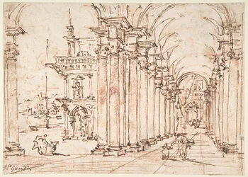 Architektonisches Capriccio: Gewölbte Kolonnade eines Palastes