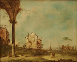 Capriccio, Phantasielandschaft mit Bauwerken an der Lagune