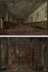 Papst Pius VI. steigt vom Thron, um sich vom Dogen in der Halle von SS. Giovanni e Paolo zu verabschieden, 1782 und Pontifikalzeremonie in SS. Giovanni e Paolo, Venedig, 1782 (Paar)