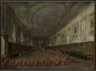 Papst Pius VI. verlässt den Thron, um sich vom Dogen in der Halle von SS. Giovanni e Paolo zu verabschieden, 1782
