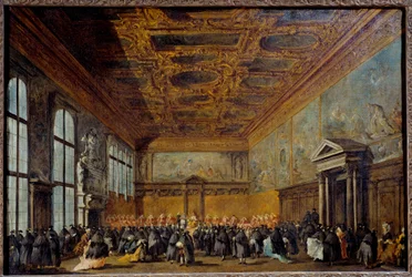 Die Audienz des Dogen von Venedig (wahrscheinlich Alvise IV Mocinego (1701-1778)) im Kollegiumssaal des Dogenpalastes von Venedig
