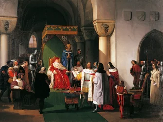 Filippo Maria Visconti, Herzog von Mailand, gibt den von den Genuesen gefangen genommenen Königen von Aragon und Navarra die Krone zurück