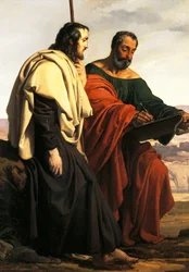 Die Apostel Philippus und Jakobus auf dem Weg zu ihrer Predigt, das heißt, zwei exilierte Patrioten, gekleidet in Trikolore