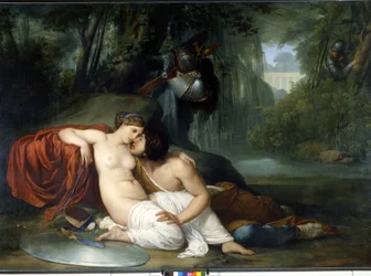 Die Liebe von Renaud und Armide. Illustration einer Szene aus „La Jerusalem delivree“ (La gerusalemme liberata) von Torquato Tasso. Die verzaubernde Armide, umgeben von sehr symbolischen Amours, verführt mit Hilfe ihres Zauberspiegels den Ritter Re