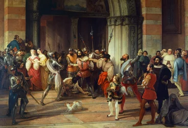 Ventura Fenaroli in der Kirche Carmine in Brescia von den Franzosen verhaftet, von Francesco Hayez