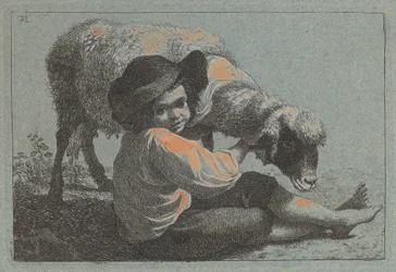 Sitzender Bauernjunge mit einem Schaf