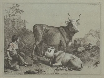 Sitzender Hirte mit einem Stier und einem Ochsen