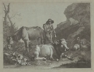 Hirte ruht sich auf einem Gehstock mit einem alten Pferd und einem liegenden Stier aus