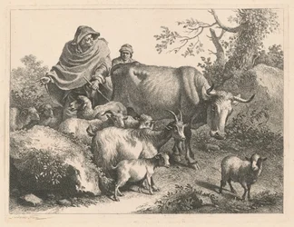 Hirte mit Umhang treibt eine Herde