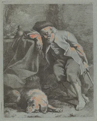 Schlafender alter Mann mit Hund