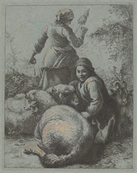 Spinnerin und ein Schäfer mit Herde, 1758-1759