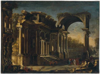 Capriccio mit römischen Ruinen und Christus mit der Ehebrecherin