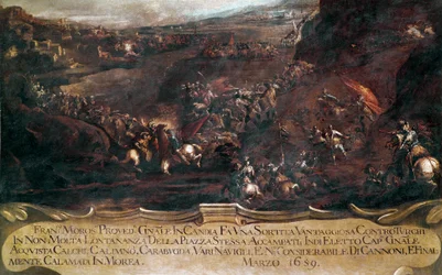 Krieg von Candia (Kreta): Schlacht zwischen der venezianischen Flotte von Francesco Morosini (1619-1694) und der türkischen Flotte im Jahr 1659. Gemälde von Francesco Monti