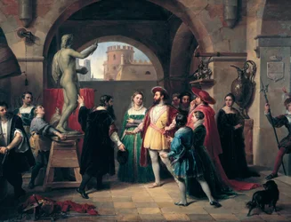 Der französische König Franz I. (1494-1547) besucht die Werkstatt Benvenuto Cellinis (1500-1571) in Rom. Der Maler präsentiert dem König eine Skulptur des heiligen Johannes des Evangelisten. Anonymes Gemälde. Rom, Galleria Nazionale d