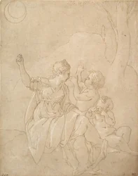 Klassische weibliche Figur Diana oder Venus mit zwei Kindern