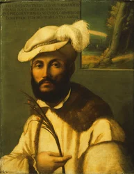 Porträt eines bärtigen Gentlemans, Halbfigur, in einer weiß gefütterten Jacke mit Pelzbesatz und einem Federhut, hält einen Palmwedel, eine Landschaft durch ein Fenster dahinter