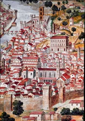 Pianta della Catena. Detail einer Karte der Stadt Florenz, genannt "Catena" wegen des rahmenförmigen Kettenmusters. Erstellt von Francesco di Lorenzo Rosselli