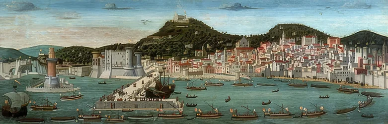 Tavola Strozzi. Ansicht von Neapel, die Flotte der Aragonier fahren am 12. Juli 1465 in den Hafen ein