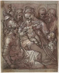 Jungfrau Maria und Jesuskind mit Johannes dem Täufer als Kind, Bernardino von Siena (?), Katharina von Siena, Erzengel Michael und ein bärtiger Heiliger