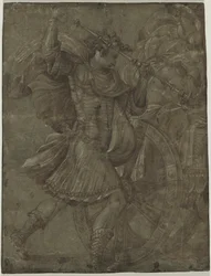Mann in Rüstung neben einem Streitwagen, ca. 1550