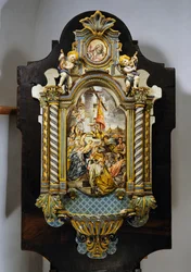 Großes Weihwasserbecken aus bemalter Majolika mit zentraler Szene aus dem Gemälde Anbetung der Könige von Francesco Solimena, Italien, 20. Jahrhundert