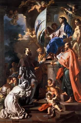 St. Bonaventura empfängt das Banner des Heiligen Grabes von Madonna, von Francesco Solimena (1657-1747), Kathedrale San Paolo, Aversa, Kampanien, Italien