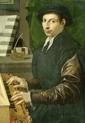 Porträt eines Mannes, der ein Virginal spielt