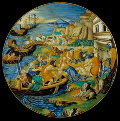 Ilias von Homer: Fayence-Schale von Francesco Xanto Avelli (aktiv um 1530/1540) darstellend die Entführung der Helena durch Paris. Dies ist die Episode, die den Trojanischen Krieg auslösen wird. Hergestellt in Urbino. 1537. Paris, Louvre Museum