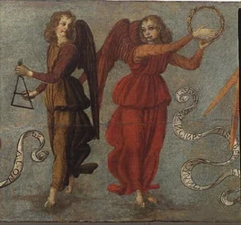 Engel spielen Tamburin und Triangel, ca. 1475-97 (Detail)