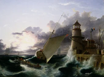 Boot bei einem Leuchtturm, ein Sturm zieht ab