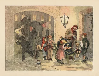 Viktorianische Kinder essen heiße Kartoffeln vom Kartoffelmann. Im Hintergrund besteigen Menschen mit Regenschirmen einen Kutschwagen im Regen. Chromolithographie nach einer Illustration von Francis Donkin Bedford aus Edward Verrall Lucas