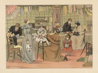 Viktorianische Mütter und Kinder probieren Hüte beim Hutmacher. Chromolithographie nach einer Illustration von Francis Donkin Bedford aus Edward Verrall Lucas