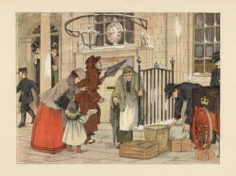 Viktorianische Menschen, die nahe Weihnachten Briefe bei der Post aufgeben. Chromolithographie nach einer Illustration von Francis Donkin Bedford aus Edward Verrall Lucas