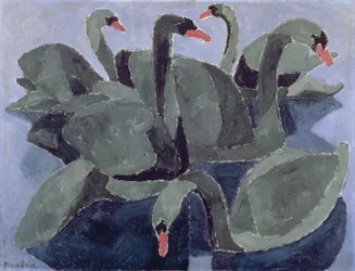 Schwarze Schwäne auf blauem Hintergrund, um 1909