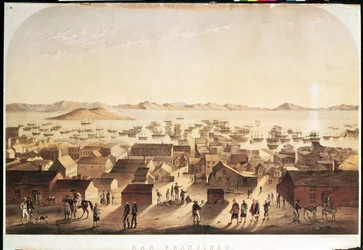 Eine Gesamtansicht von San Francisco, veröffentlicht von M und N Hanhart, ca. 1850-52