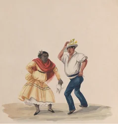 Ein Mann und eine Frau tanzen, aus einer Gruppe von Zeichnungen, die peruanische Kostüme darstellen
