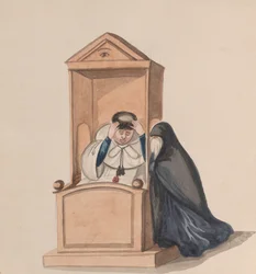 Eine Frau beichtet einem Priester, aus einer Gruppe von Zeichnungen, die peruanische Trachten darstellen, ca. 1848